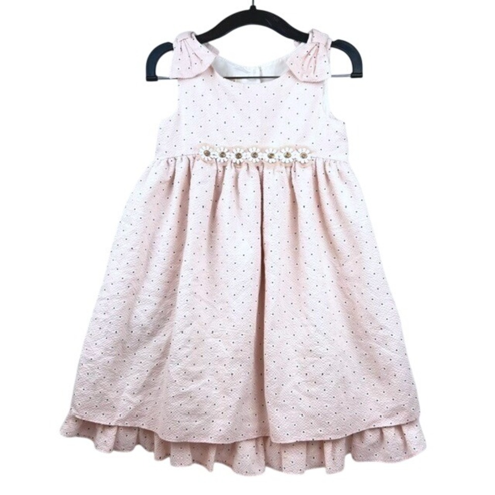 Laura Ashley London Girls Pink Seersucker Polka Dot Daisy Dress Size 6